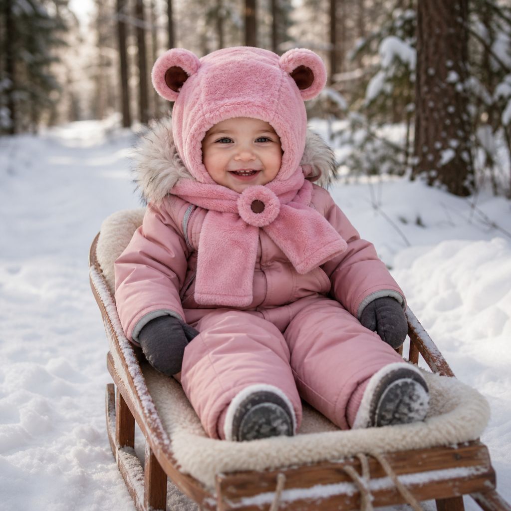 bonnet bebe Skadi rose traineau forêt