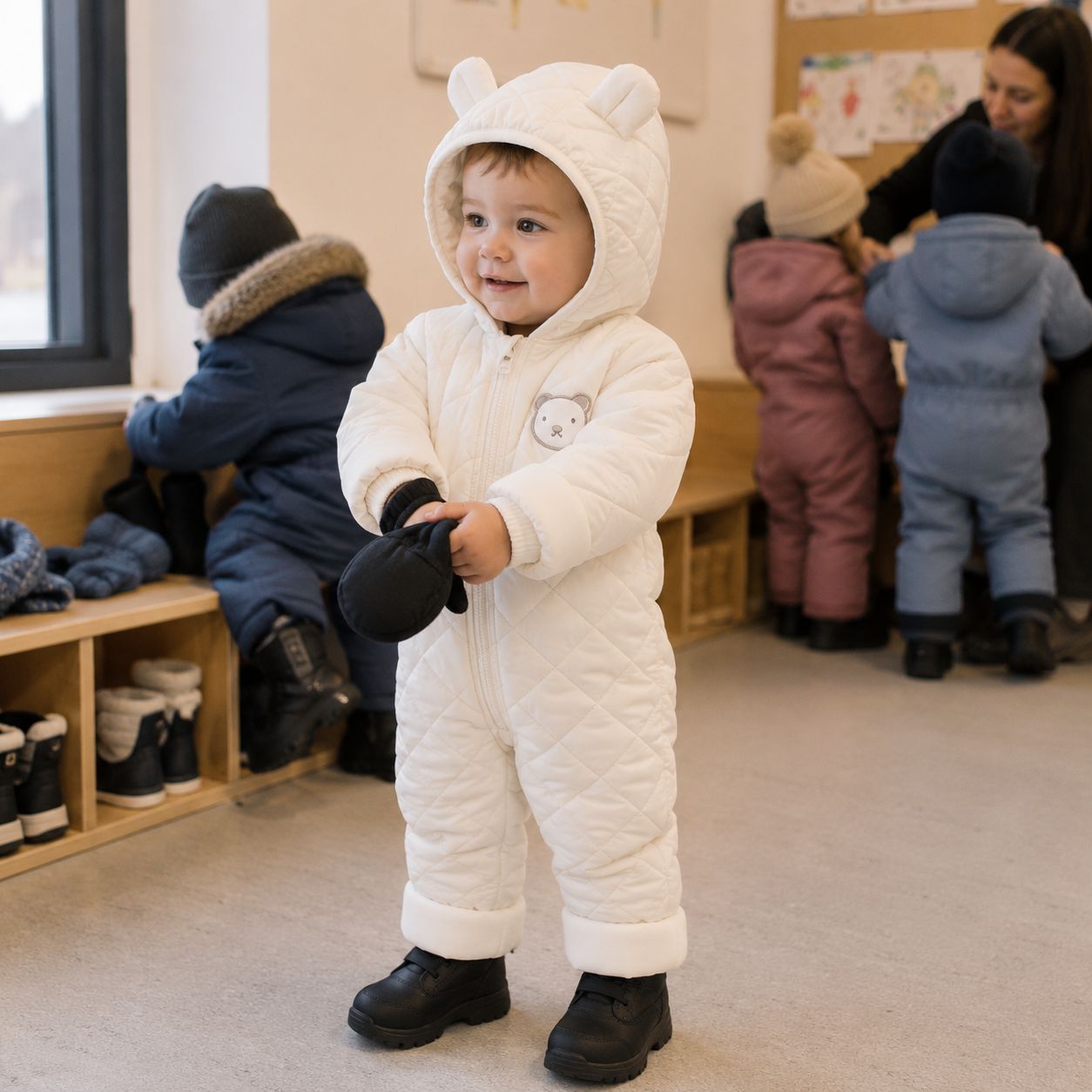 combinaison pour bebe MiniLoom blanc crème préparation sortie crèche