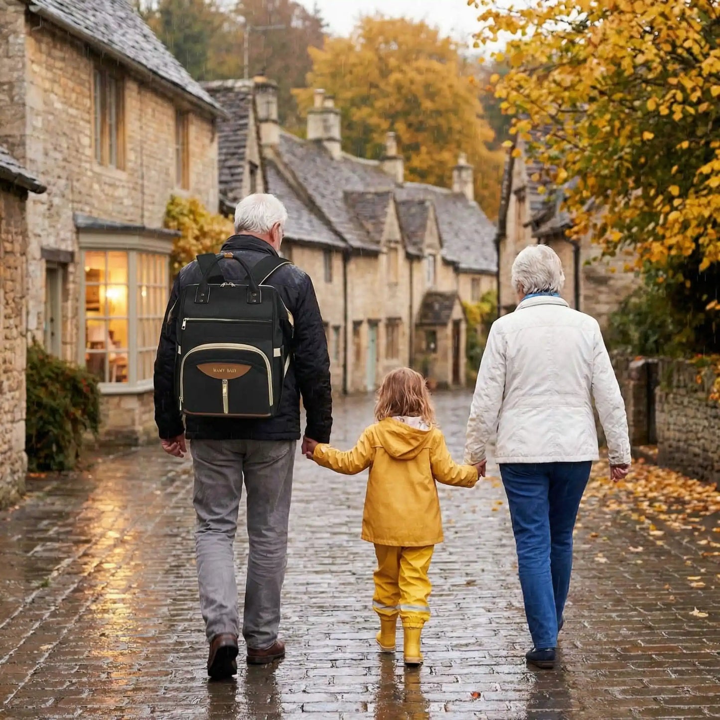 promenade sous la pluie avec petits-enfants et sac à dos à langer imperméable