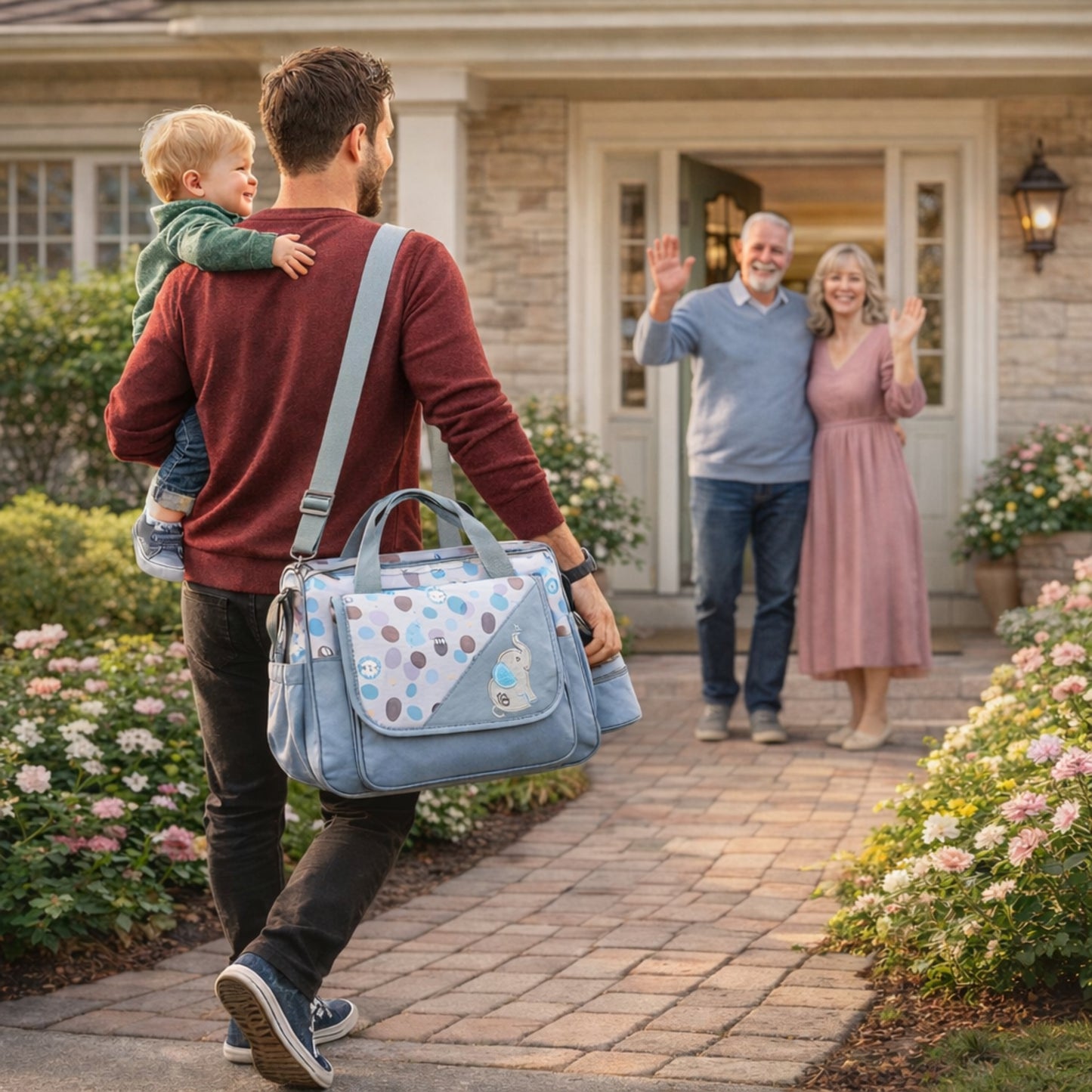 visiter grand-parents avec sac de naissance bébé Au Pluriel