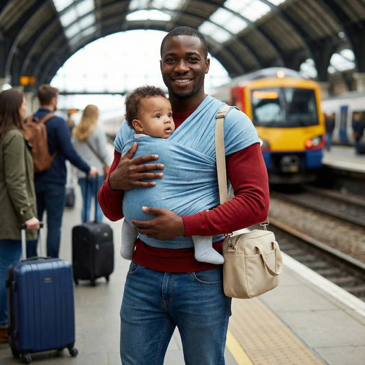 Le quotidien, prendre le train, porter bébé à la crèche simple avec notre écharpe de portage