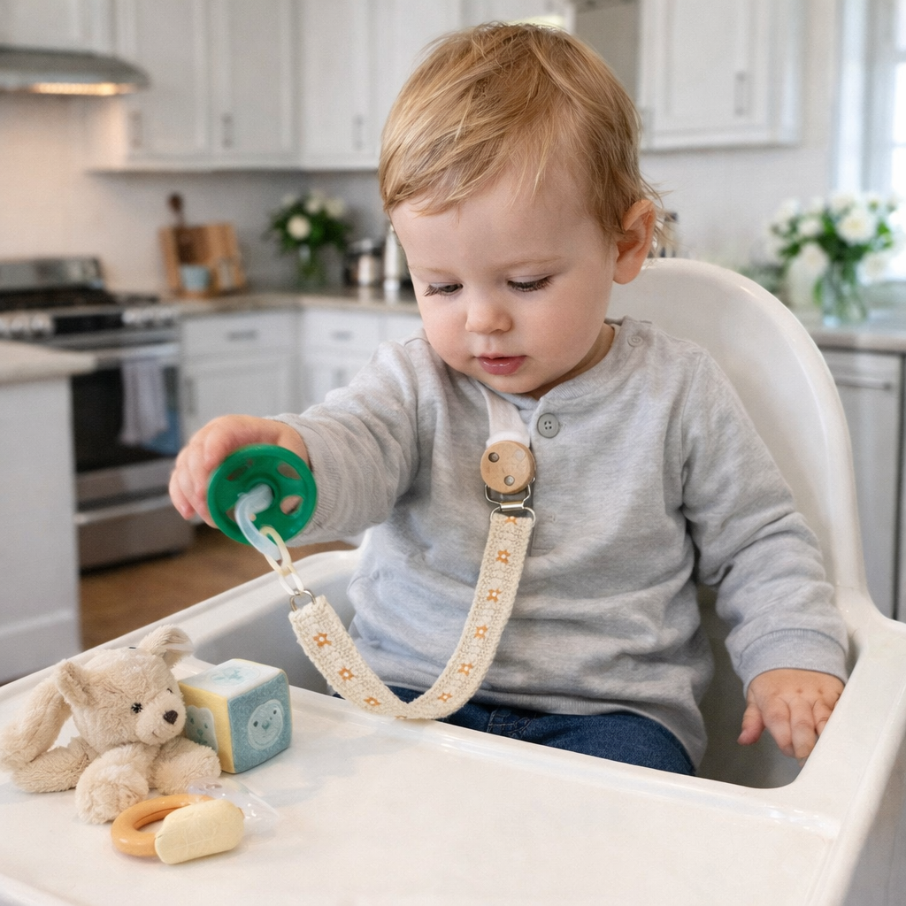 Bébé s'amuse à faire chuter les jouets mais pas avec votre attache suce robuste