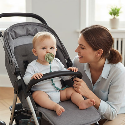 Notre attache tétine s'accroche à la poussette si nécessaire