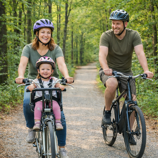 balade en famille enfant dans un porte bebe velo