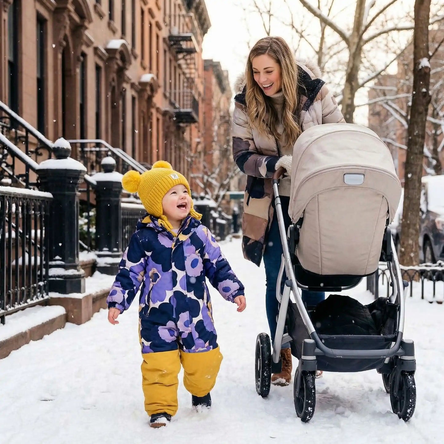 Balade d'hiver en ville au chaud avec bonnet bebe