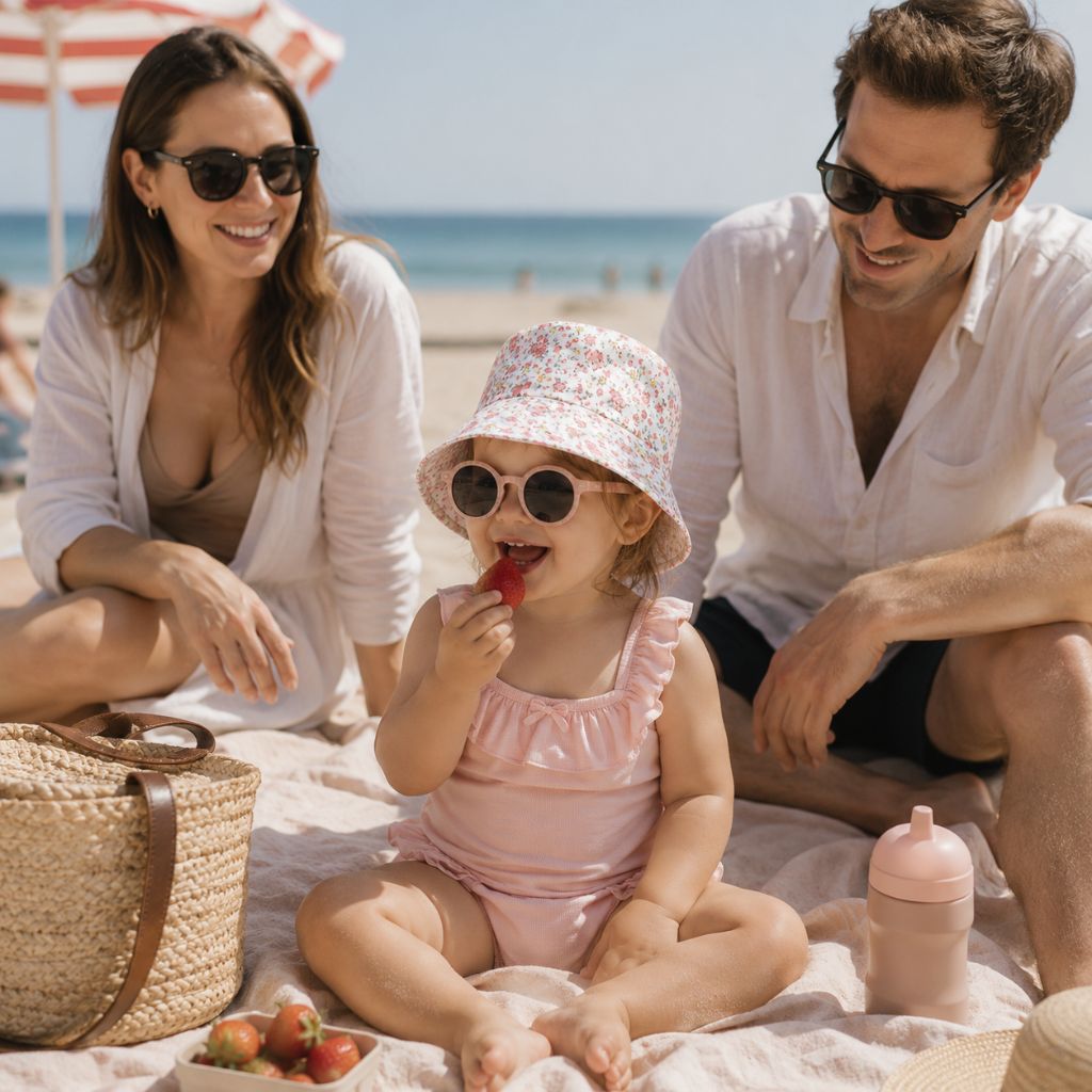 bob bebe fille Velya petites fleurs rose plage famille