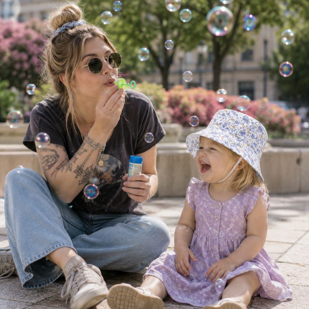 bob bebe fille Velya fleurs violettes bulles maman
