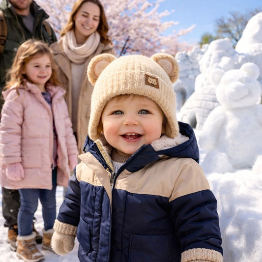 bonnet bebe Iska beige sculpture de neige
