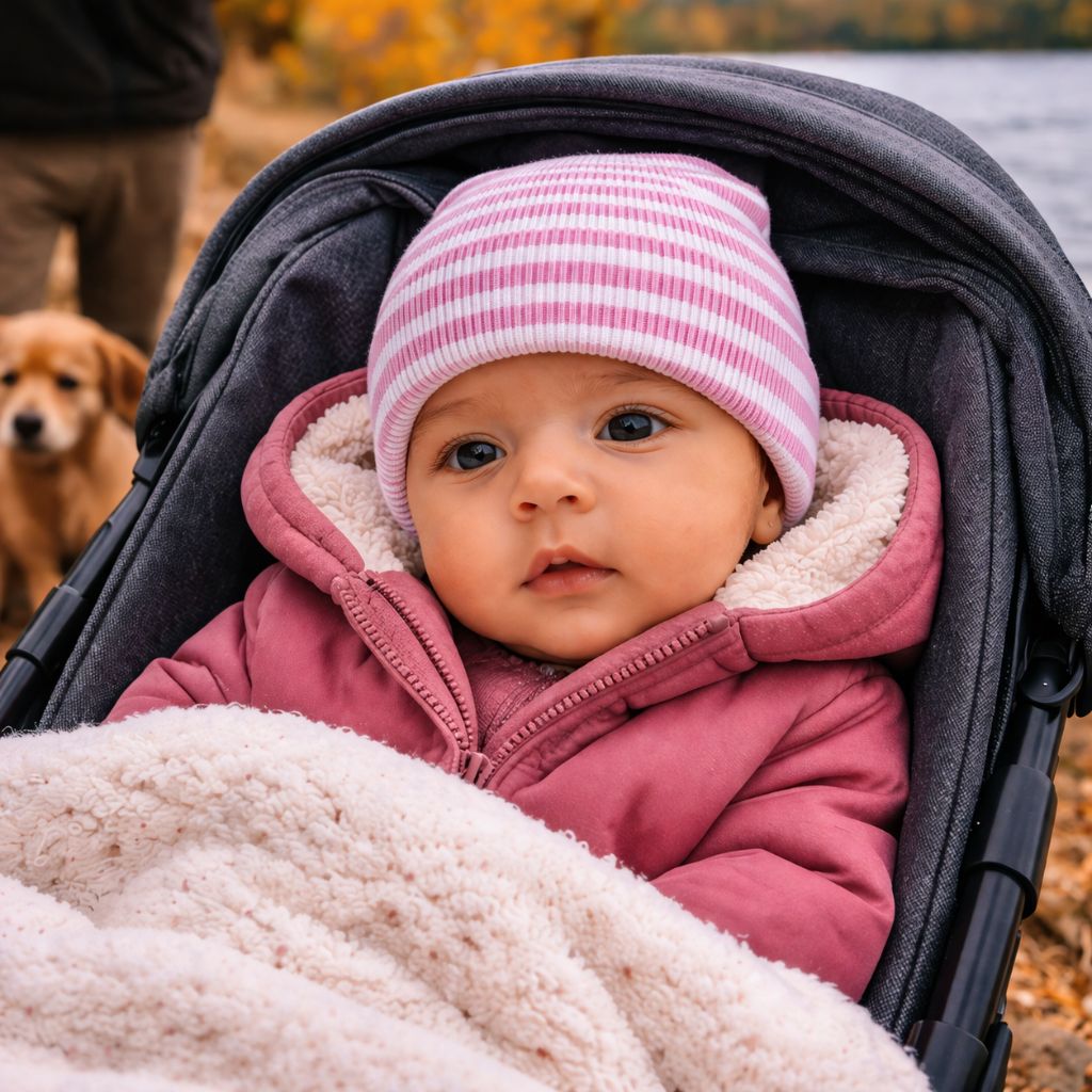 bonnet bebe naissance Belo rayé rose promenade chien en automne