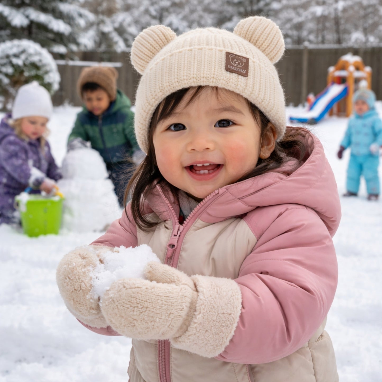 bonnet bebe Novea beige jeux extérieur garderie l'hiver