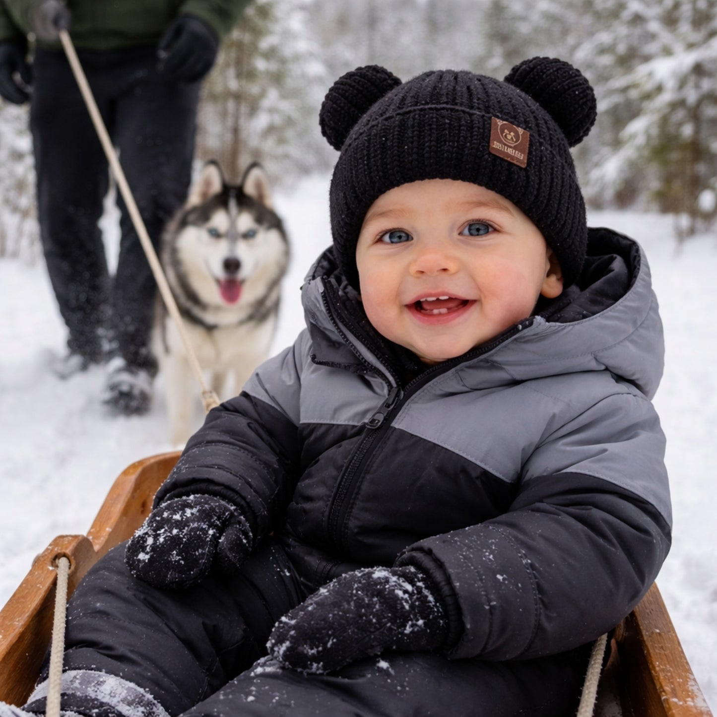 bonnet bebe Novea noir traineau avec chien