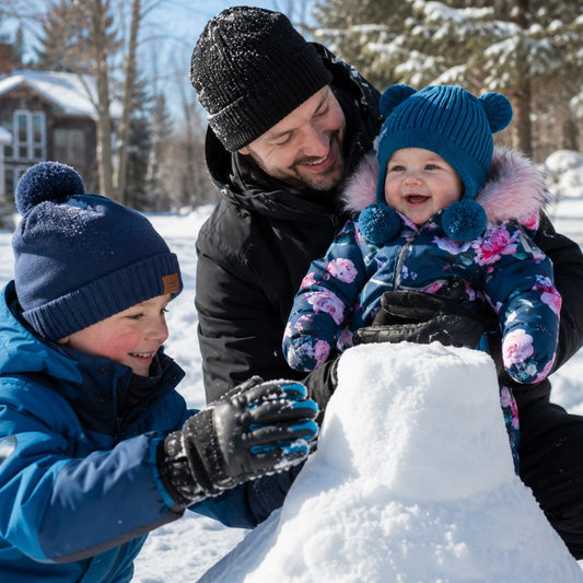 bonnet bebe Vely bleu sarcelle château de neige famille