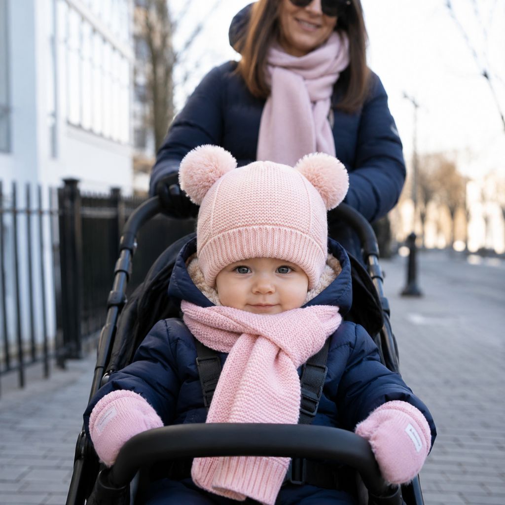 bonnet pour bebe au tricot Brise rose en poussette