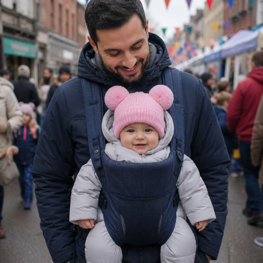 bonnet pour bebe au tricot Brizo rose porte bébé papa