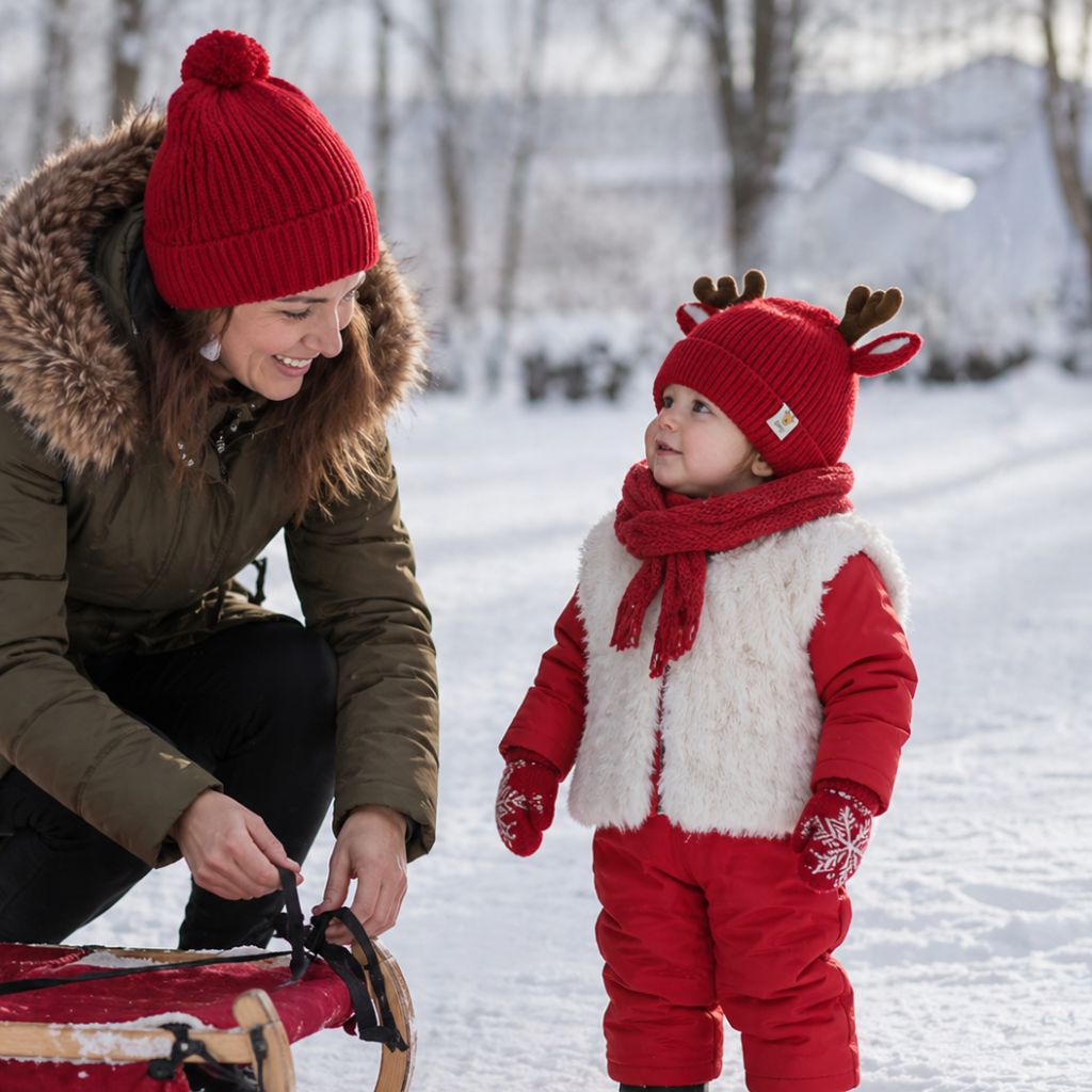 bonnet pour bebe au tricot Élio rouge traineau