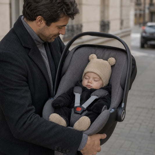 bonnet pour bebe au tricot Orcé biege départ voiture