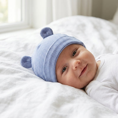 bonnet bebe naissance bleu ligné reste en place