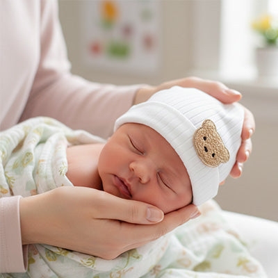 bonnet naissance bebe blanc avec petit ourson