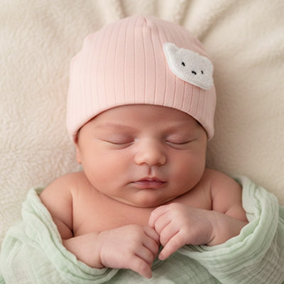 bonnet naissance bebe en mousseline rose poudre