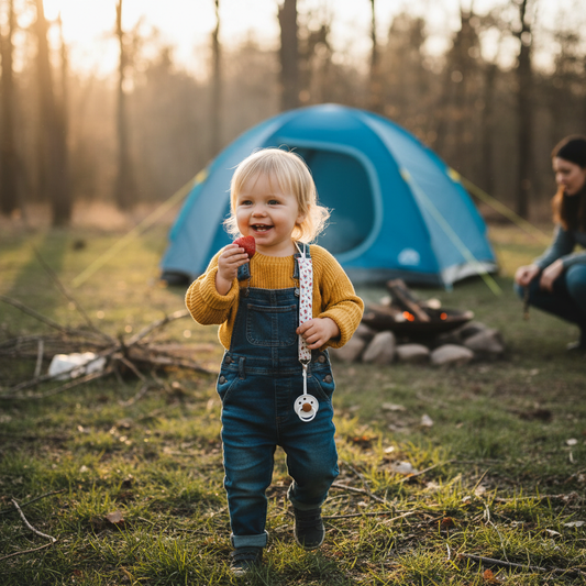 Même en camping on peut garder à portée sa sucette avec son attache tetine solide