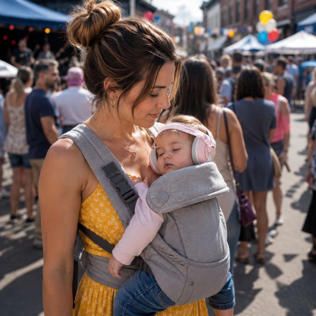  casque anti-bruit bébé Auraly rose rue bondée