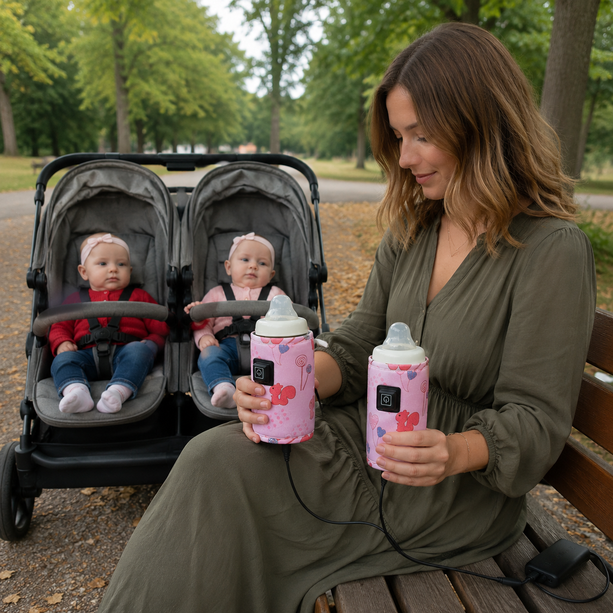 chauffe biberon nomade Milkora rose écureuils jumelles poussette