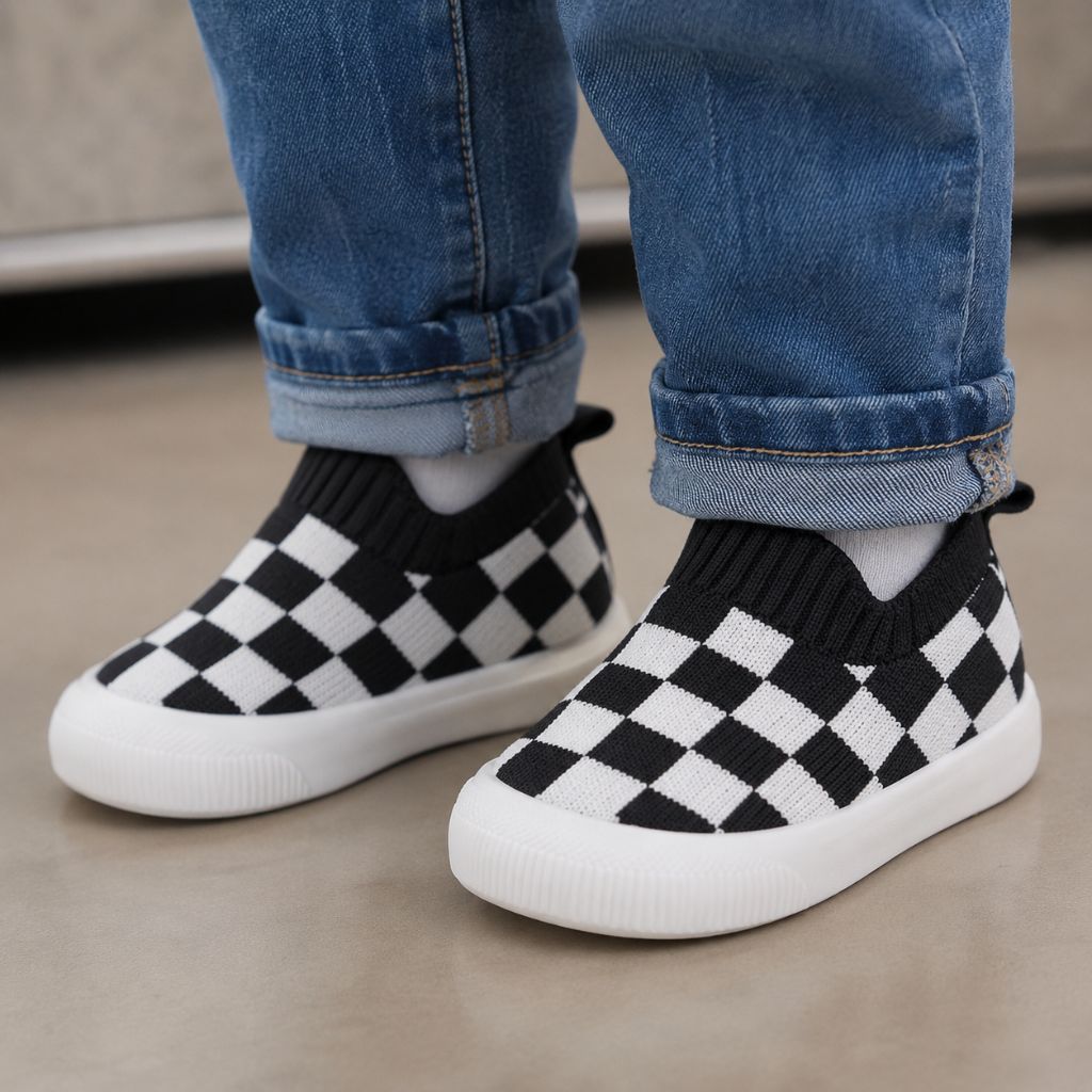 chaussure bebe Piko carreaux noirs extensible