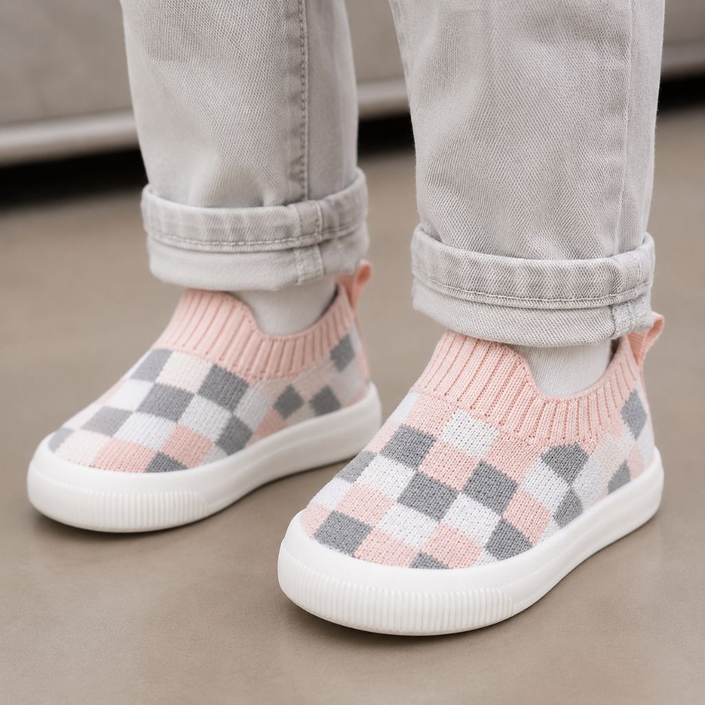 chaussure bebe Piko carreaux roses respirante