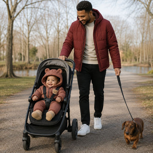 combinaison bebe Nuvéo marron promenade chien papa