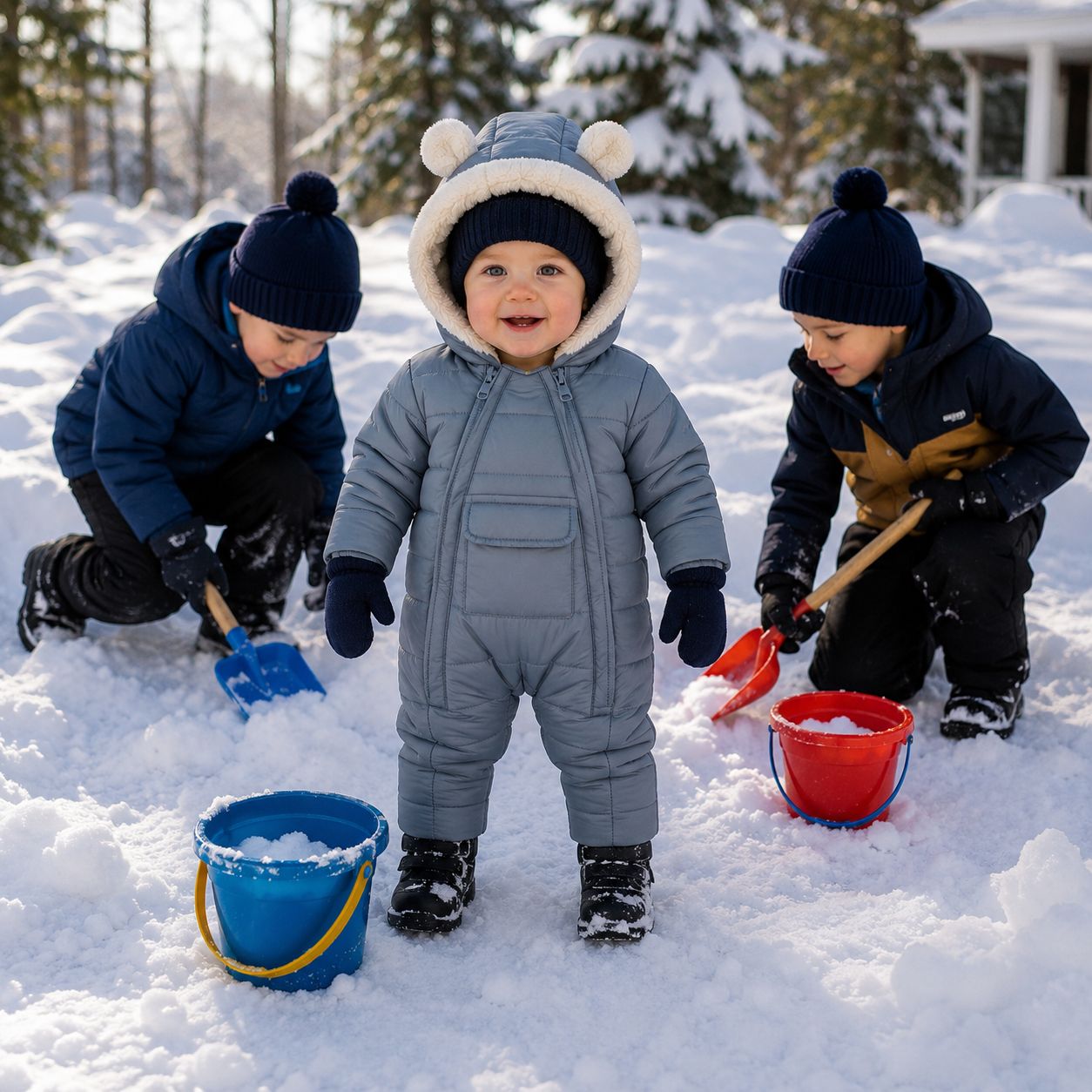 combinaison hiver bebe Nidou bleue dehors frères neige
