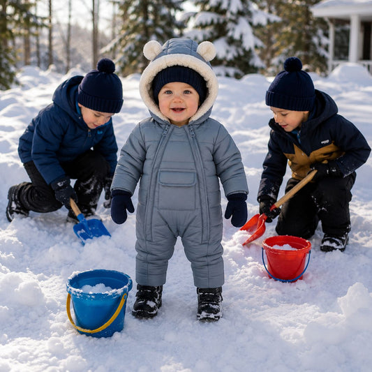 combinaison hiver bebe Nidou bleue dehors frères neige