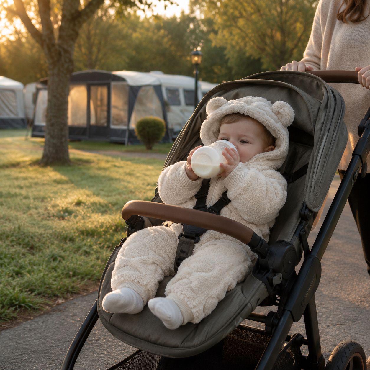 combinaison pour bebe BebeZen blanc cassé biberon camping matin