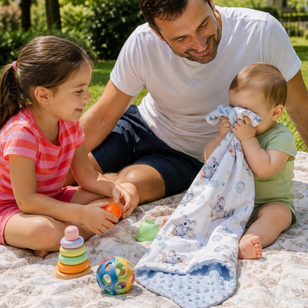 couverture emmaillotage bébé Berceuse bleue jouer dehors papa sœur