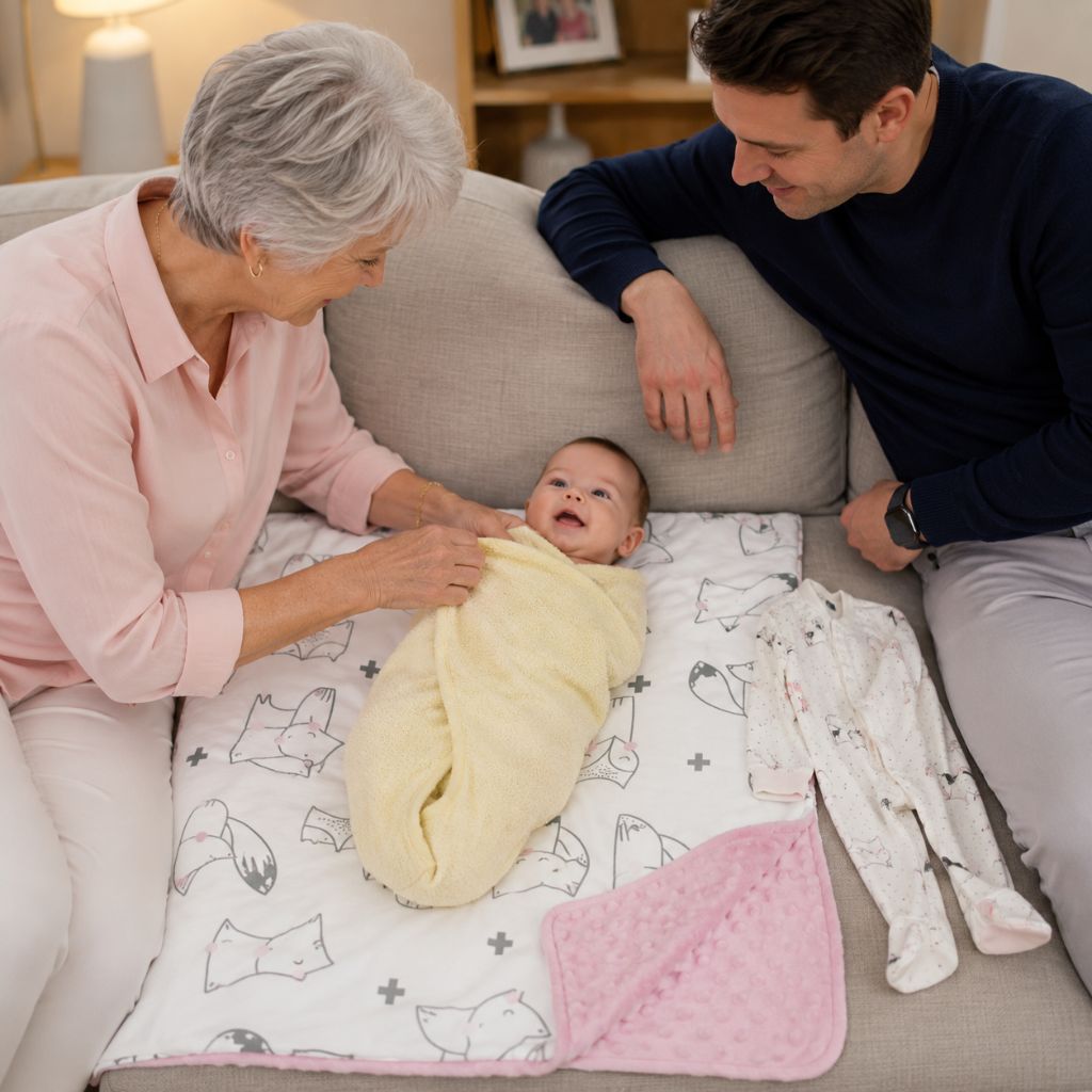 couverture emmaillotage bébé Berceuse rose sortie bain mamie papa