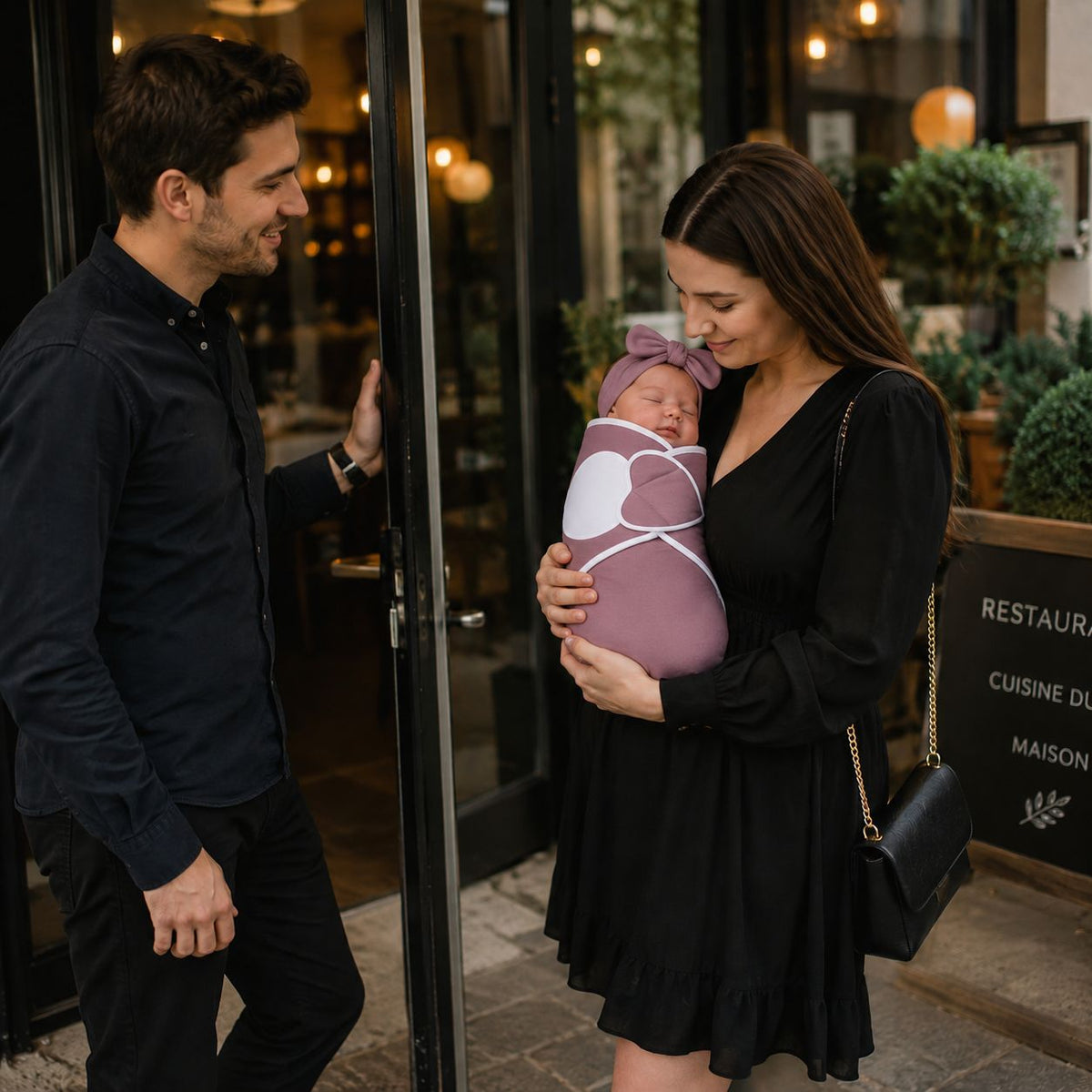 couverture emmaillotage bébé Câlinou mauve sortie famille resto