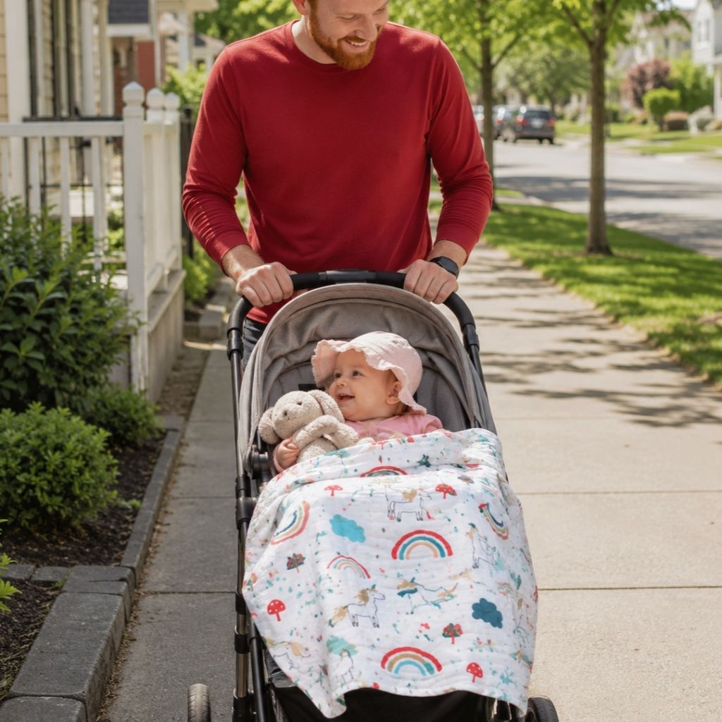couverture emmaillotage bébé Perle Douce licorne promenade papa