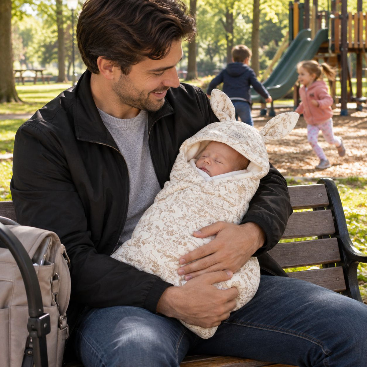 couverture emmaillotage bébé Doux Dodo bunny parc printemps papa