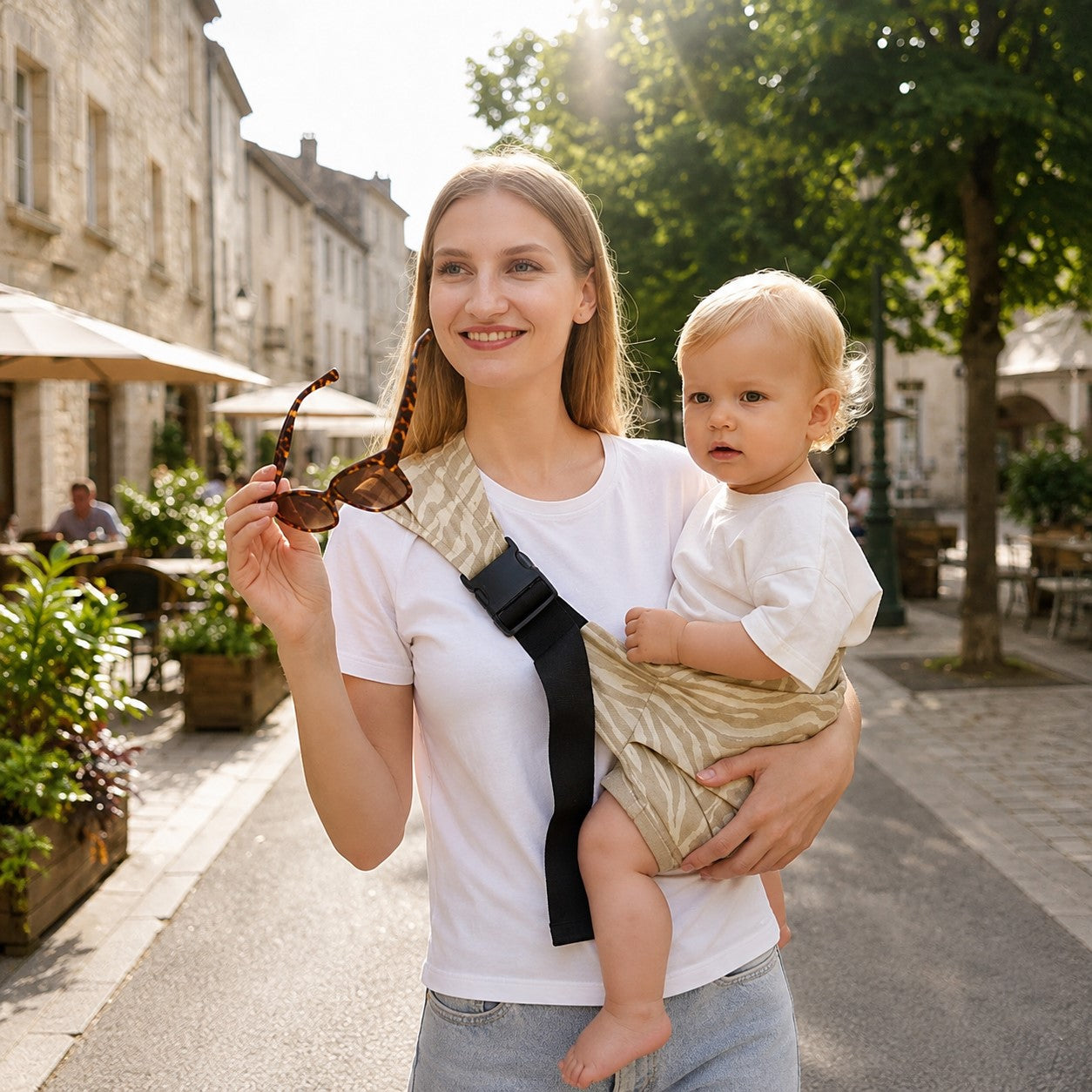 echarpe de portage Minky beige promenade maman ville