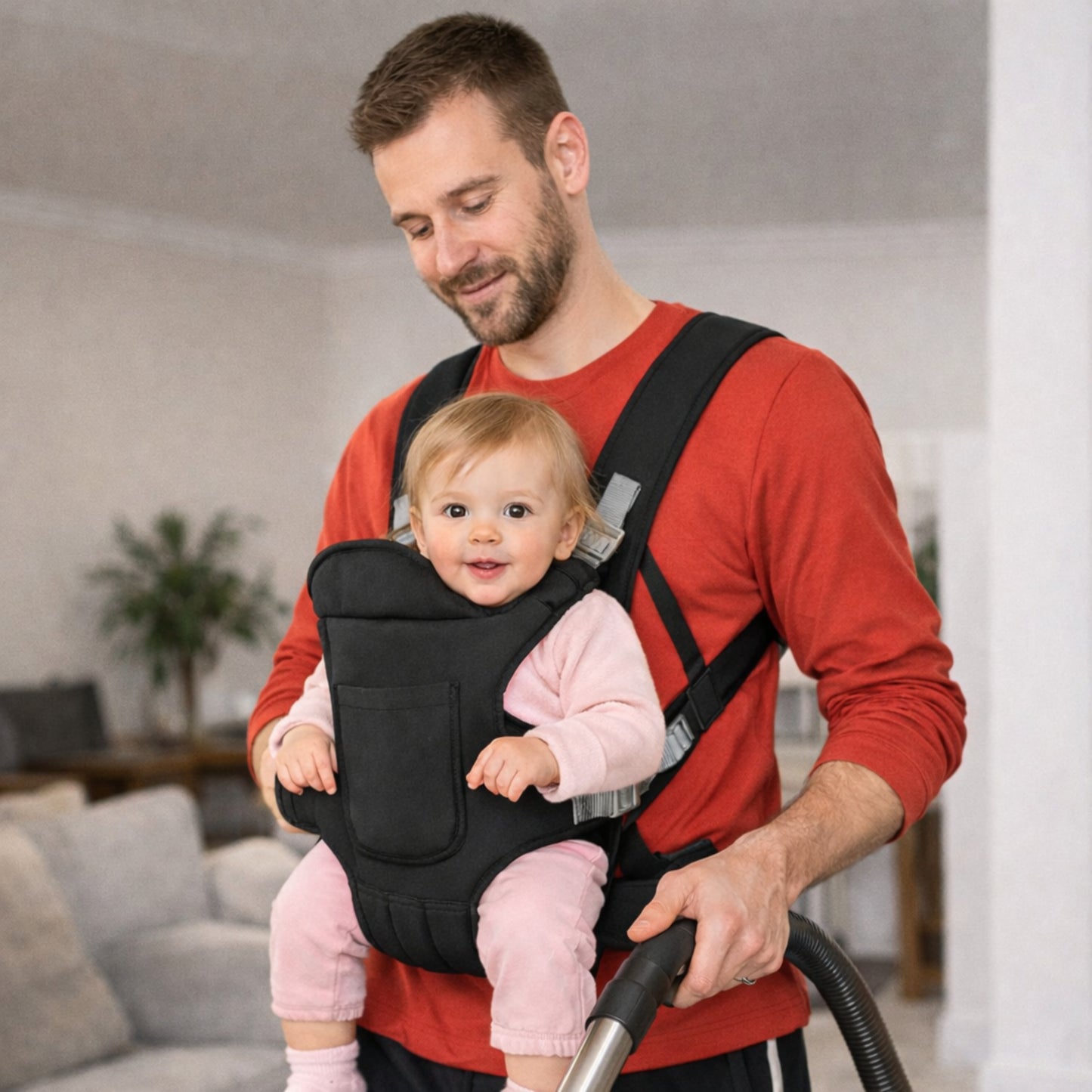 Faire les tâches ménagère permet a un bébé curieux d'explorer avec ce porte bébé