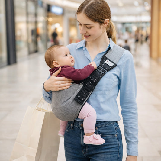 Faire les emplettes avec bébé tout près dans son écharpe de portage physiologique