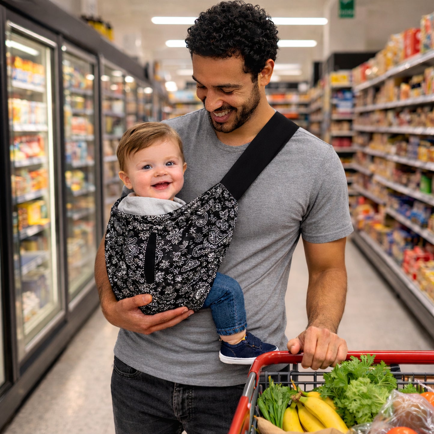 Faire les courses avec bébé tout-prêt dans on echarpe de portage