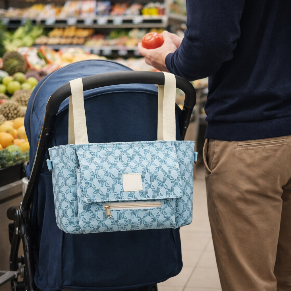 sac a langer petit rayures bleues s'attache à la poussette