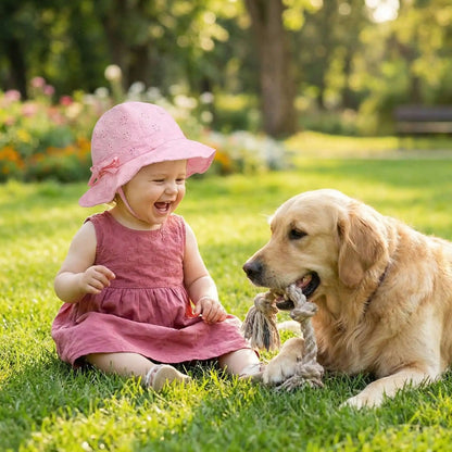 jouer dehors avec chien et bob bebe fille qui tient en place