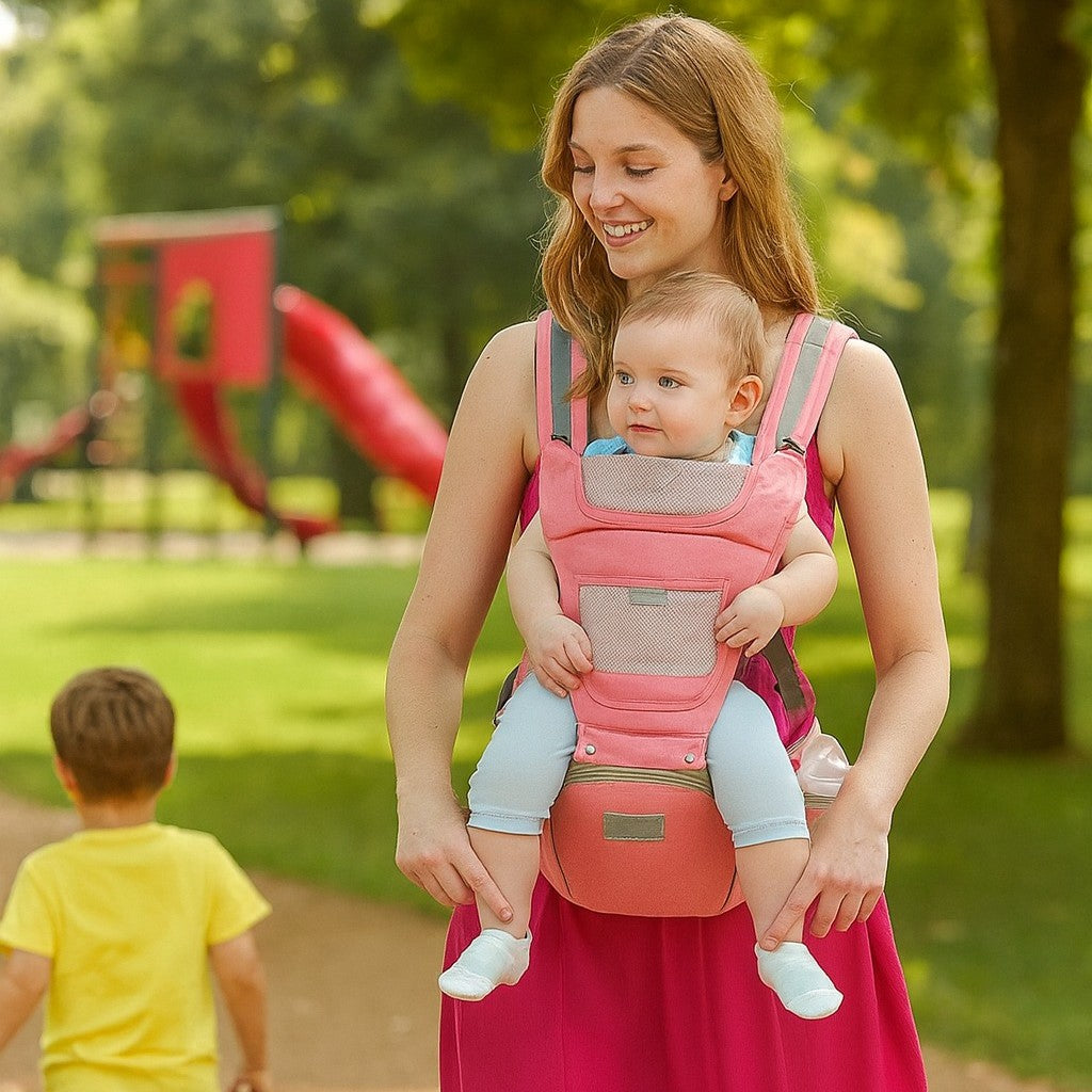 Mains libres pour suivre le plus vieux au parc bébé en sécurité dans porte bebe