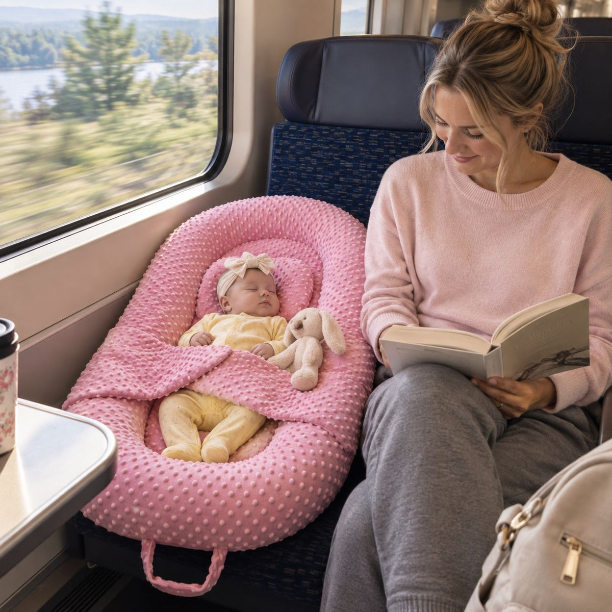 lit de voyage bebe Numa rose en train maman