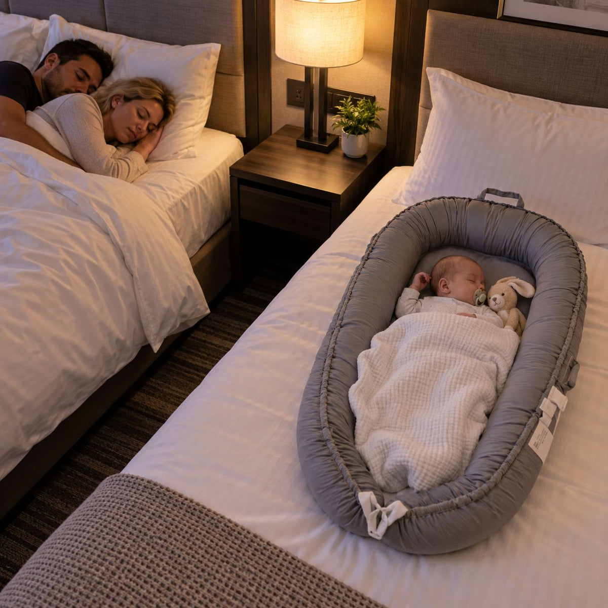 lit voyage bebe CozyMove gris nuit hôtel