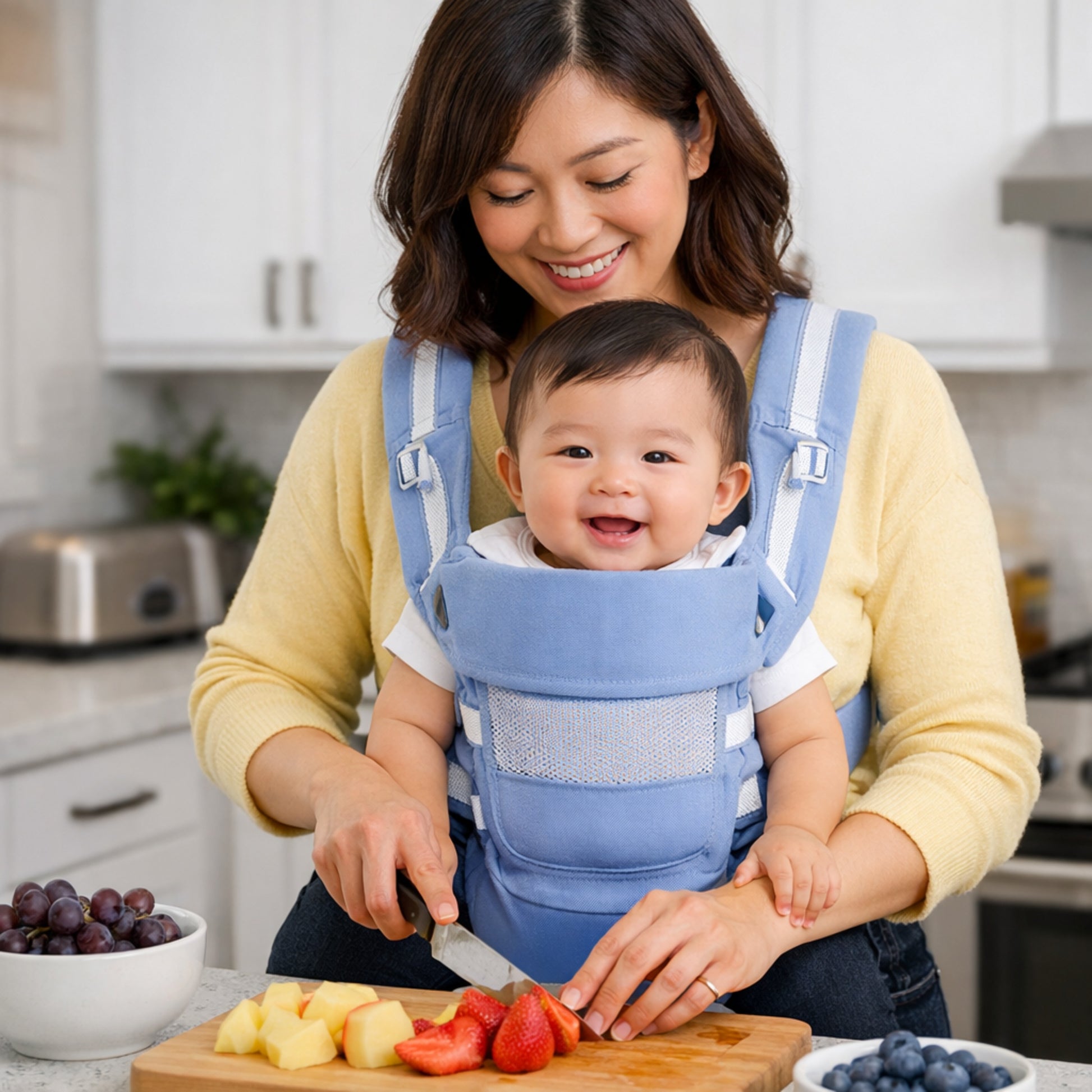 maman cuisine bébé dans porte bebe dorsaux Le Physio-Logik 