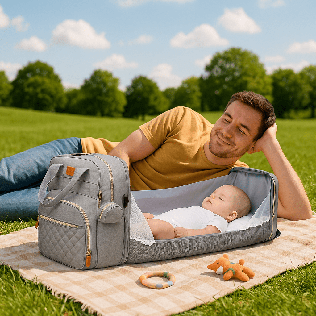 Papa peut en profiter au soleil pendant que bébé dort dans son sac à dos à langer transformé en lit