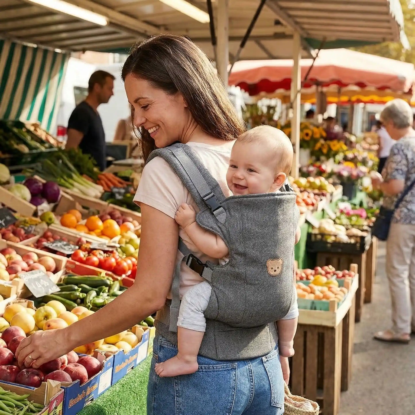 porte bebe dorsaux pour les courses au marché