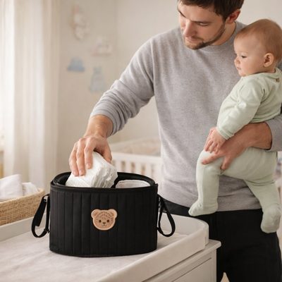 La préparation du bagage de bébé est aisée avec un sac a couche qui reste ouvert et garde sa forme même vide.